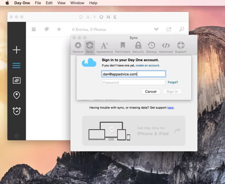 sign into day one sync on mac