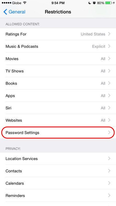 Restrictions Password Settings